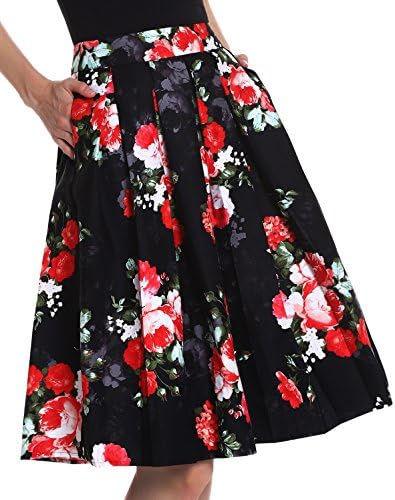 Yige Women's Vintage High Waist Flared Skirt Pleated Floral Print Midi Skirt with Pocket
