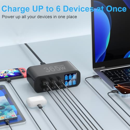 365W Cargador USB C Multiple con Pantalla LED, YSYFAD 6 Puertos Estacion de Carga PD Carga USBC Rapida Cargador USB C 100W QC USBA para Macbook Portátiles i Phone Pad, Negro