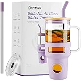 Spreccio Glass Tumbler with Straw and Lid, 40oz Reusable Iced Coffee Tumbler with Handle Purple, Glass Water Bottles Fit in Cup Holder, Smoothie Cup with Lid, Clear Water Bottle with Straw