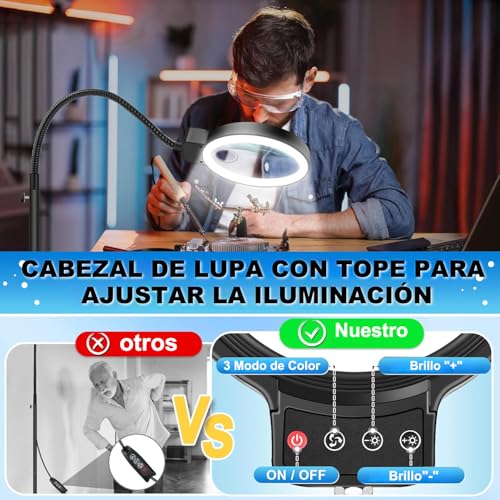 URPOWㅤ Lupa con Luz Led 30X 10X, LLámpara con Lupa 2 en 1, 3 Modos de Color, Oscurecimiento de 10 Niveles, para el Hogar, Oficina, Lectura, Costura, Bordado (Negro)