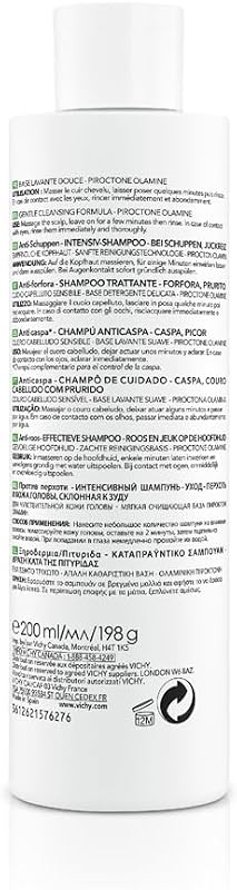 Shampoo Anti-Caspa Vichy, Para Couro Cabeludo Sensível, Elimina a Caspa e Reduz a Coceira, Couro Cabeludo Limpo e Saudável, Dupla Eficácia, Unissex, Técnica Dercos, 200ml