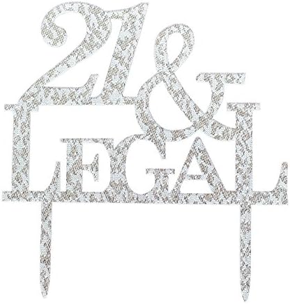 Glitter 21 &amp; Legal Cake Toppper, 21st Birthday Anniversary Party Photo Props Cupcake Topper Decor (Silver)