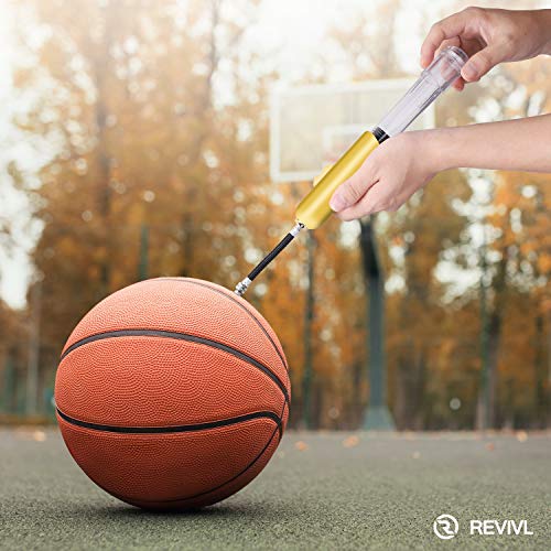 REVIVL Ball Pump with 5 Needles and 1 Nozzle - Air Pump for Inflatables, Basketball, Soccer, Volleyball, Football, Sport Ball - Dual Action for Faster Inflation - Just 6 Inches Small with Hose Holder