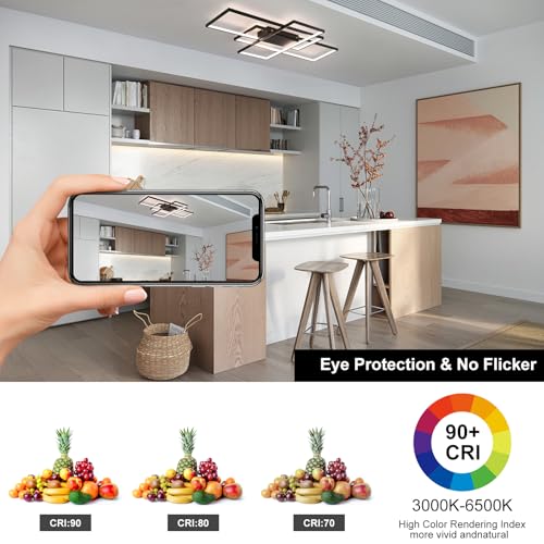 Luz de techo LED moderna geadi, luz de techo incorporada ajustable en negro de 35“, 3 lámparas de techo cuadrado, adecuada para comedor de dormitorio de Sala de techo bajo (50w, 3000k-6500k)