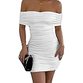 Yeshire Women's Off The Shoulder Mini Dress Slim Ft Bodycon Ruched Short Cocktail Party Dresses