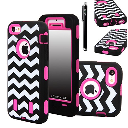 iPhone 5C Case, E LV iPhone 5C case - heavy Duty Rugged Dual Layer Hybrid Armor Defender Case Cover for iPhone 5C with 1 Screen Protector, 1 Black Stylus and 1 Microfiber Sticker Digital Cleaner (Apple Iphone 5c) - Zigzag Hot Pink