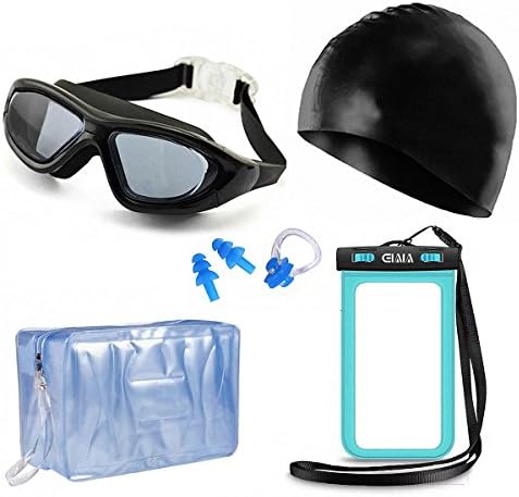 Elala Swim Goggles Bundle: Swim Goggles Swim Cap Ear Plugs Nose Clip Storage Bag Waterproof Case