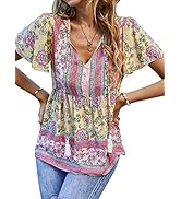 KAYWIDE Women's Casual Boho V Neck Top Loose Floral Printed Long Sleeve Beach Shirts Blouses