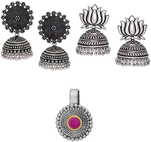 Fashion Honor 2 Pairs Silver Earrings &amp; Red Nose Pin Jewellery Gift For Her, Girl, Women, Mother, Sister, Girlfriend, Party Wear, Daily Wear