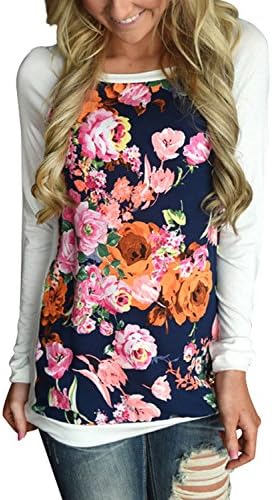 Ebbizt Womens Casual Ladies Long Raglan Sleeve Floral Printed Crewneck Blouse Top T shirts White Large
