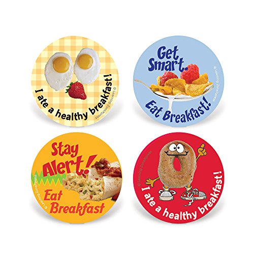 200 School Nutrition Stickers | Breakfast Stickers | 2" Diameter, 4 Designs, 200 Stickers per roll