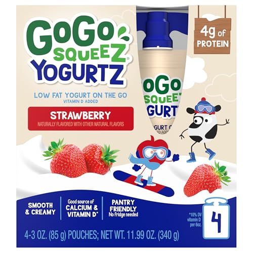 GOGO SQUEEZ LOW FAT YOGURTZ STRAWBERRY, 3 OZ POUCHES (PACK OF 4), KIDS SNACKS MADE FROM REAL YOGURT AND FRUIT, NO FRIDGE NEEDED, GLUTEN FREE, NUT FREE, RECLOSEABLE CAP, BPA FREE