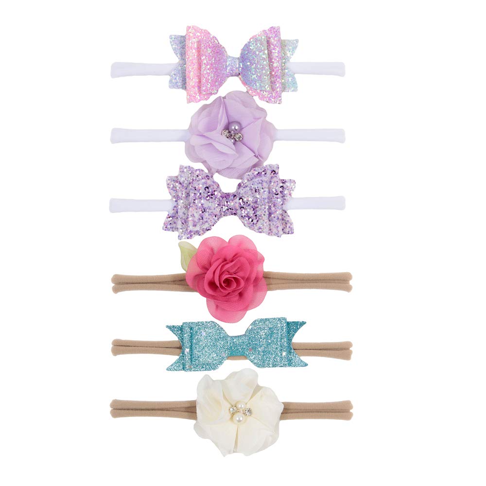 Nishine Baby Girls Nylon Headbands and Bows Toddler Glitter Bowknot Hairbands Newborn Hair Accessories Gift Party Shower - - Normal