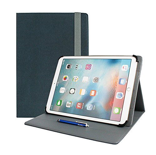 Emartbuy Universal 11-12.5 Inch Dark Blue Multi Angle Folio Wallet Case Cover With Card Slots Grey Interior Grey Elastic Strap and Stylus Pen Compatible With Selected Devices Listed Below
