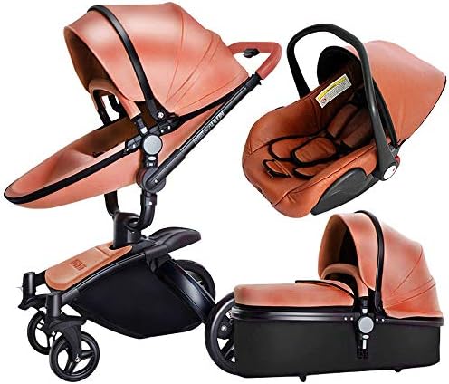 Luxury 3 in 1 Baby Stroller/Pram, PU Leather Pushchair+ Sleeping Basket + Car Seat, 360° Rotation, Bidirectional, Baby Trolley (Brown)
