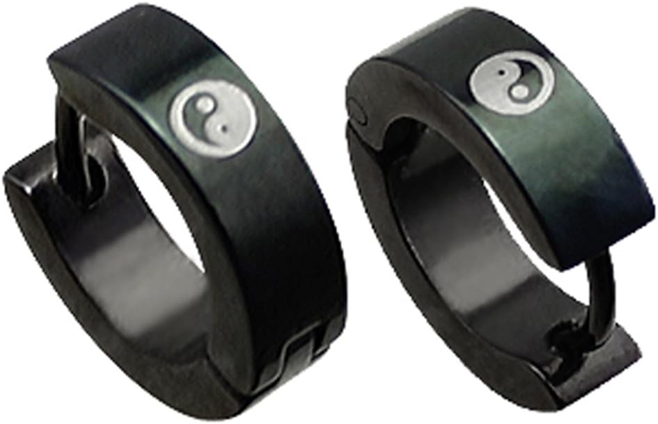 Trending Jewels Stainless Steel Black Unisex Hoop Stud Earrings - Yinyang Design