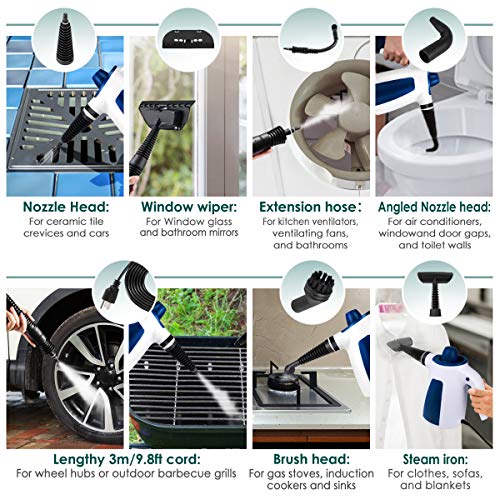 MOSCHE Handheld Pressurized Steam Cleaner with 9-Piece Accessory Set, - Multi-Purpose Multi-Surface All Natural, Chemical-Free Steam Cleaning Home, Auto, Patio, More(Deep Blue)