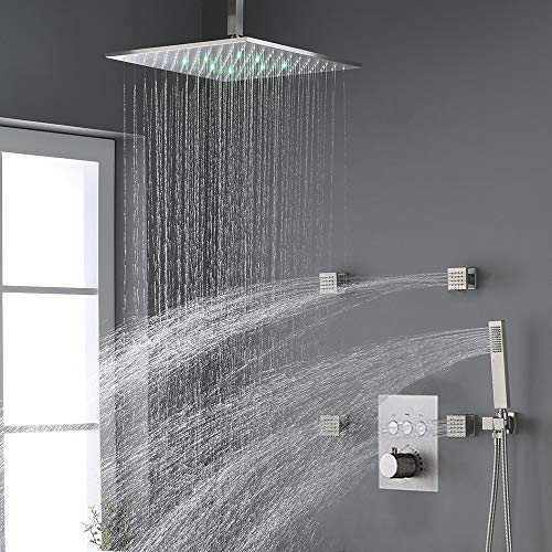 Brushed Nickel 12" Thermostatic LED Rain Shower System with Body Sprays