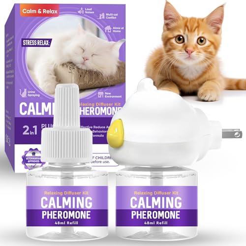 Feromoni per Gatti, Diffusore di Ferormoni per Gatto per Ridurre Graffi e Marcature, Soluzione Relax per Gatti per 60 Giorni, 2 Ricariche 48 ml, Adatto per Più Gatti