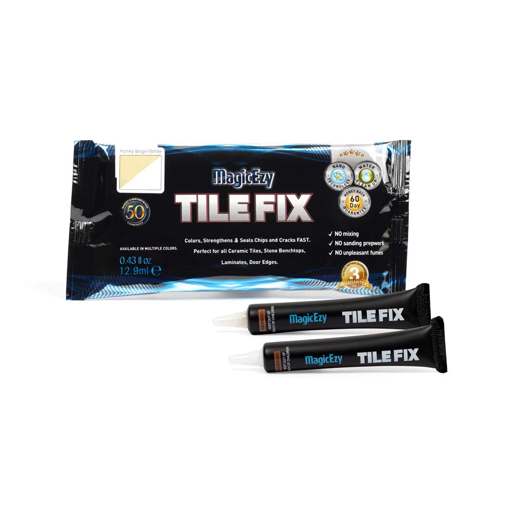 MagicEzy Tile Fix: Ceramic Tile Scratch Repair | Porcelain Crack Repair | Touch Up Tile Filler for Bathroom Floor Tiles (Honey Beige and White Kit)