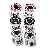 PiercingJ 6pcs Punk Rhinestone Crystal Screw Tunnels Ear Expander Stretch Plugs Piercing Gauge 2g