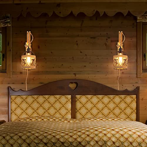 HOTRAN Rustic Wall Sconces Set of Two Plug in, Wall Lamps for Bedrooms Set of 2, Farmhouse Wall Mounted Lights for Bedside, Living Room,Sconces Wall Lighting Fixtures with 8.2Ft On/Off Switch Cord
