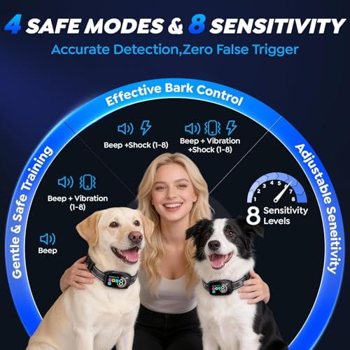 Dog Bark Collar for Large Medium Small Dogs,Smart Anti Barking Device with 4 Training Modes,Rechargeable IP67 Waterproof Barking Collar with 8 Adjustable Sensitivity (Black)