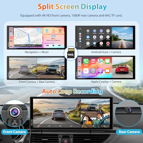 Carpuride W125S - Pantalla inalámbrica de 11.26 pulgadas HD para Carplay y Android Auto, 4K + 1080P + 1080P, cámara Dash para autos con tarjeta de 64GB, con grabación en bucle, Bluetooth, control de
