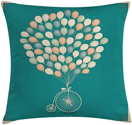 Papalikz Vintage Throw Pillow Cushion Cover, Retro Invitation with Baloons and Crius Clown Bike with Jade Green Background Image, Decorative Square Accent Pillow Case, 18 X 18 Inches, Multicolor