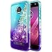 Moto Z2 Play Case with Tempered Glass Screen Protector (Full Coverage) for Girls Women, NageBee Glitter Liquid Bling Floating Waterfall Shockproof Cute Case for Motorola Moto Z2 Play -Aqua/Purple
