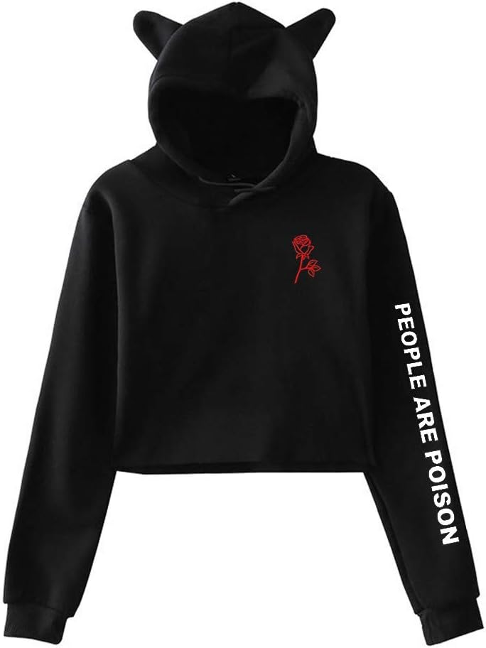Women's Black Rose Pattern People are Poison Letter Print Black Hoodie Sweatshirt