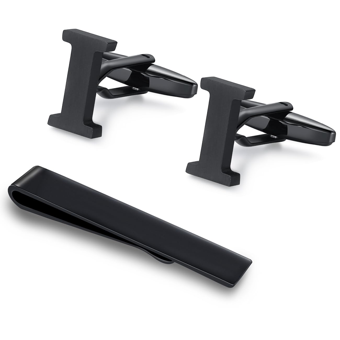 Honey Bear Initial Alphabet Letter Cufflinks Tie Clip Set for Mens - Black Stainless Steel, for Business Wedding Gift A - Z (I) — image 1