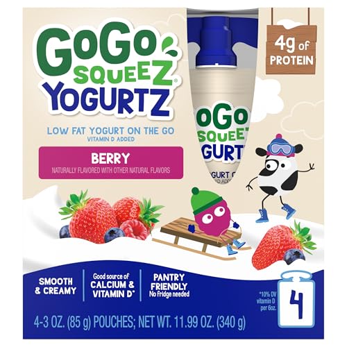 GOGO SQUEEZ YOGURTZ BERRY, 3 OZ. (4 POUCHES) – KIDS SNACKS MADE FROM REAL YOGURT AND FRUIT – PANTRY FRIENDLY SNACK, NO FRIDGE NEEDED – NO PRESERVATIVES- KOSHER CERTIFIED – GLUTEN FREE SNACKS FOR KIDS