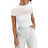 ANRABESS Womens Summer Sexy Mock Turtle Neck Short Sleeve Tops Sheer Mesh Shirts Slim Blouse Trendy Ruched Going Out Outfits