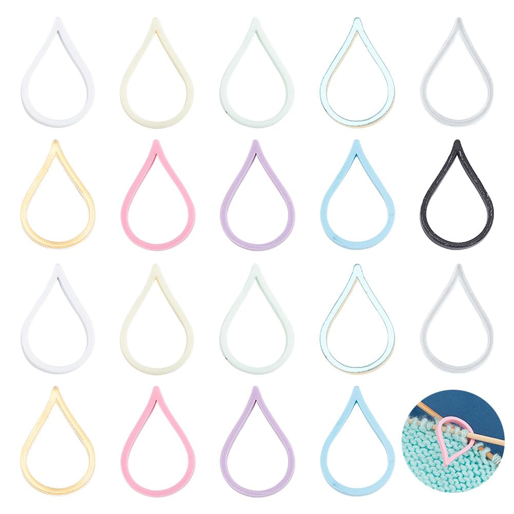 DELORIGIN 20pcs Stitch Markers for Crocheting and Knitting - Teardrop Shape, 10 Colors, Acrylic, Secure Locking Mechanism