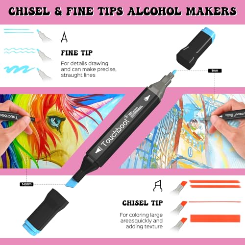 Touchbool ﻿80 Colors Alcohol Markers for Artists Adults Dual Tip Art Marker Pens with Board & Fine Tips, Permanent Illustration Markers for Coloring Book Manga Anime Sketching Card Making & Journaling