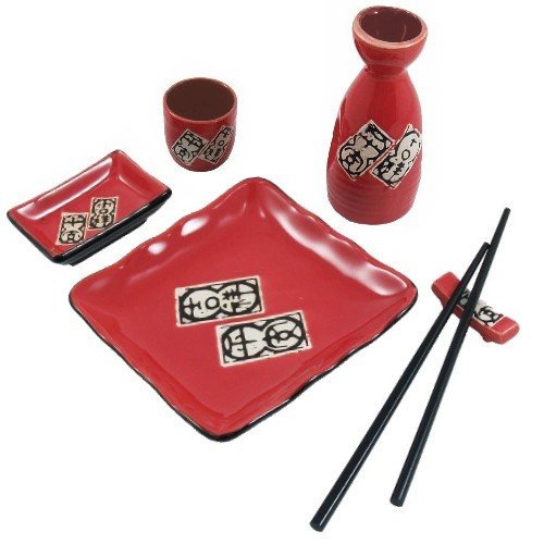 Red Asian Saki Dinner for 1 Place Setting Plate Rest Chopsticks Saki Cup and Saki Carafe