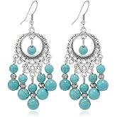 Boho Ball Chandellier Statement Dangle Earrings for Women Silvery Vintage Turquoise Beaded Tassel Chain Drop Dangling Earring Indian Tribal Jewelry Gifts for Jhumka Festival Holiday Christmas