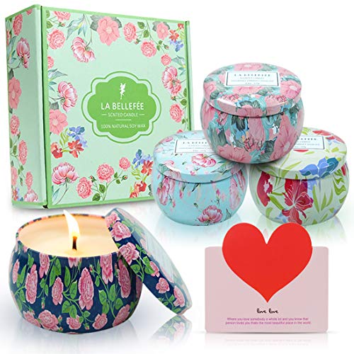 LA BELLEFÉE Scented Candles Gift Set, 4.4oz Natural Soy Wax Travel Tin Candle for Aromatherapy Stress Relief Relaxation, Peony, Tuberose, Earl Grey Tea, Nectarine Blossom & Honey 4 Pack
