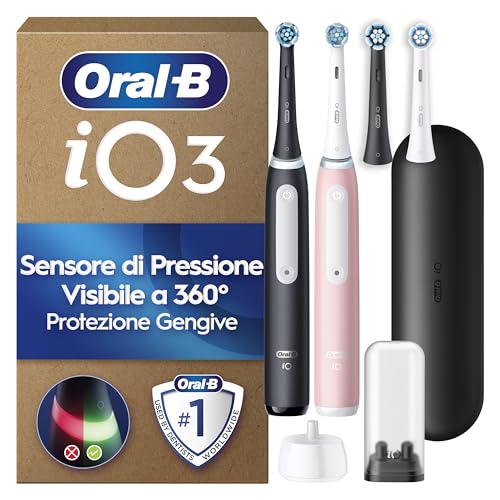iO3 Spazzolino Elettrico | Nero e Rosa | 4 Testine di Ricambio | Batteria a Lunga Durata | Custodia da Viaggio | Porta Testine | Confezione da 2 Spazzolini