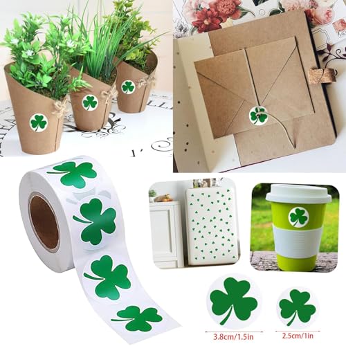 2 Rouleau 1000 Pièces Autocollant Saint Patrick, Autocollants trèfle vert irlandais chanceux, Fête Décorations Scrapbooking Enveloppe Carte sac Cadeau, pour les Cadeaux et la Décoration (3.8CM)