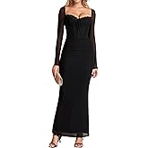 KUTUMAI Women Long Sleeve Lace Corset Formal Wedding Guest Dress Bodycon Ruched Mesh Cocktail Maxi Dresses