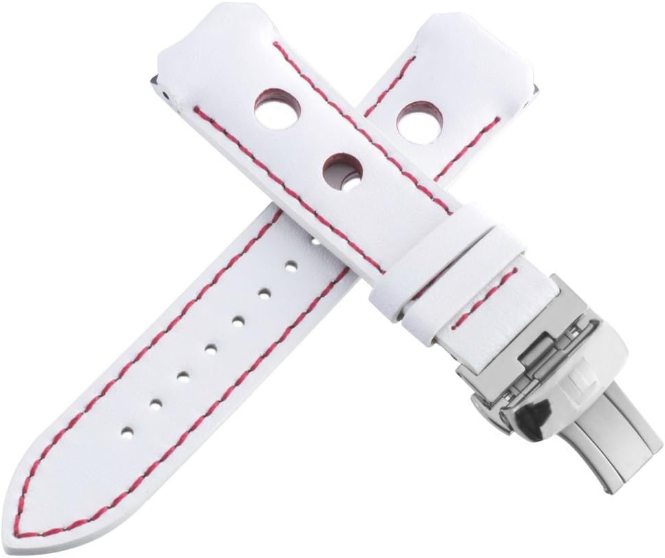 Authentic Tissot Men's White Leather Watch Band Strap with Red Stitches Titanium Buckle 20mm