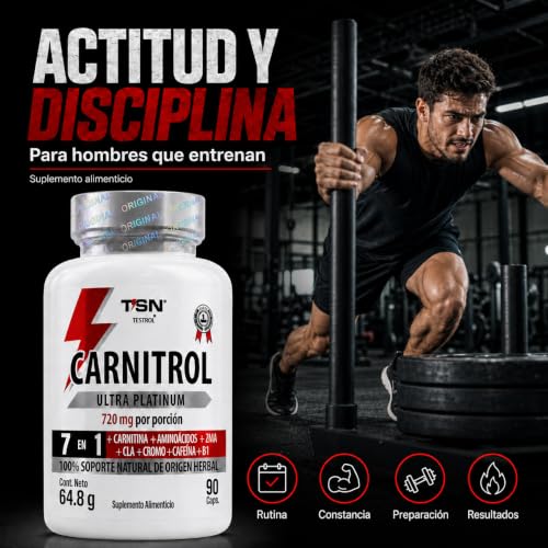 CARNITROL | PreEntreno 7 en 1 para Energía y Enfoque – 220 mg Cafeína por cápsula más L-Carnitina, ZMA, CLA, Picolinato de Cromo, B1 y D-TOX plus | TSN Testrol