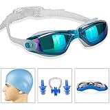 GAOGE Swim Goggles,Swimming Goggles + Swim Cap + Case + Nose Clip + Ear Plugs, Triathlon Swim Goggles Mirror Coated Lenses Anti-Fog Shatterproof UV Protection for Adult Men Women Youth Kids LakeBlue