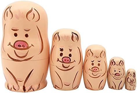 Pivizon 5pcs Set of Russian Nesting Dolls Pig Matryoshka Wooden Dolls for Kids Toy Birthday Gift Idea for Daughter &amp; Son