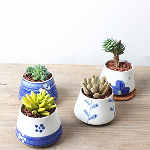 Goldblue Ceramic Small Succulent Pots Blue and White Hand Painted Ceramic Succulent Planter Pots Cactus Plant Pot Flower Pot Container Planter(Four leaf clover)