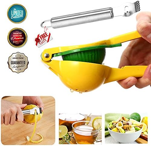 Two Lemon Squeezer In One Lemon Juicer Citrus Lime Orange Fruit Mental Manual Juicer Yellow Hand Press Dishwasher Safe with Free Lemon Zester Tool (Yellow and green squeezer 7)