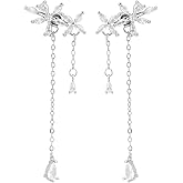 Pivza Sterling Silver Flower Wrap Drop Earrings with CZ - Trendy Dangle Chain Design for Elegant Women