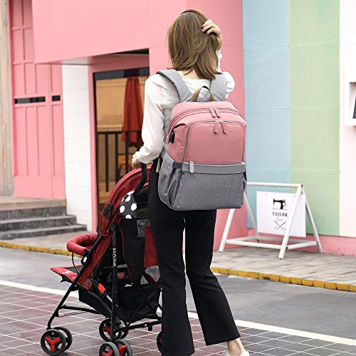 Large Diaper Bag, Dikaslon Stylish Travel Backpack Nappy Bags with Changing Pad and Stroller Straps for Baby Care, Pink and Gray